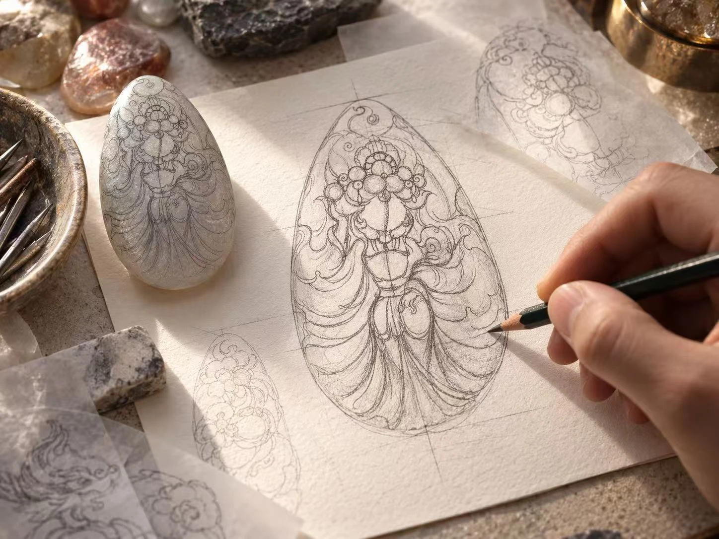 手与铅笔描绘珠宝设计草稿的画面